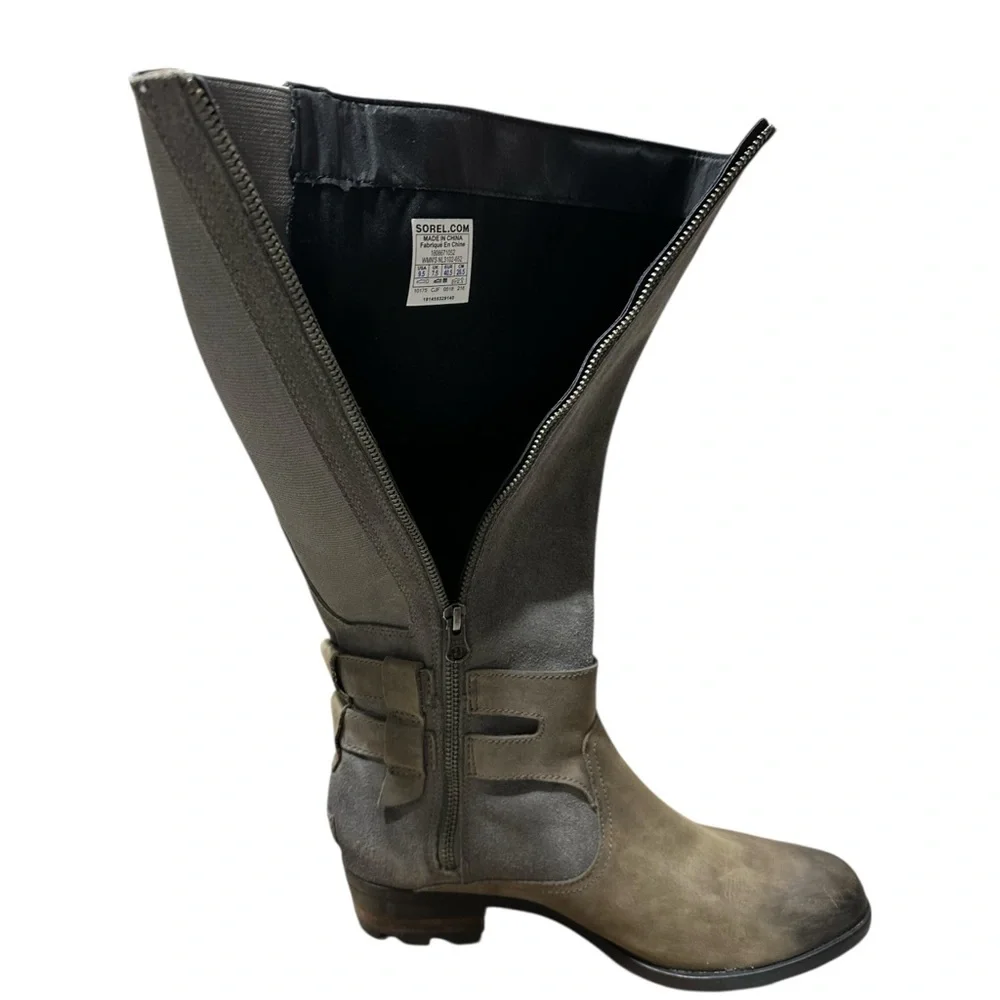 Sorel Lolla II Tall Quarry Gray Suede Knee High Double Buckle Zip Up Heel Boots